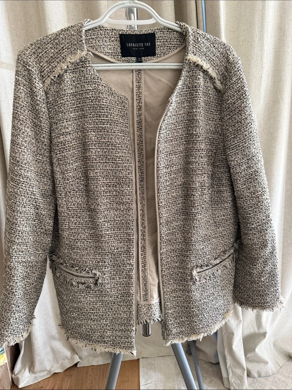 Lafayette 148 New York Tweed Open-Front Jacket in Beige and Cream